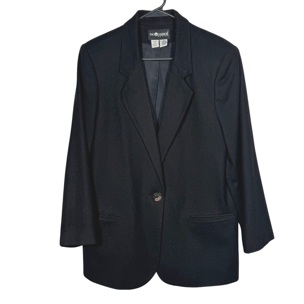Sag Harbor Women's Vintage 100% Wool Black Blazer Sz 12P / Vintage Sz 14P Career